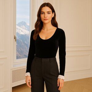 & Other Stories Velvet Bodysuit in Black Long Sleeves with White Lace Detailing